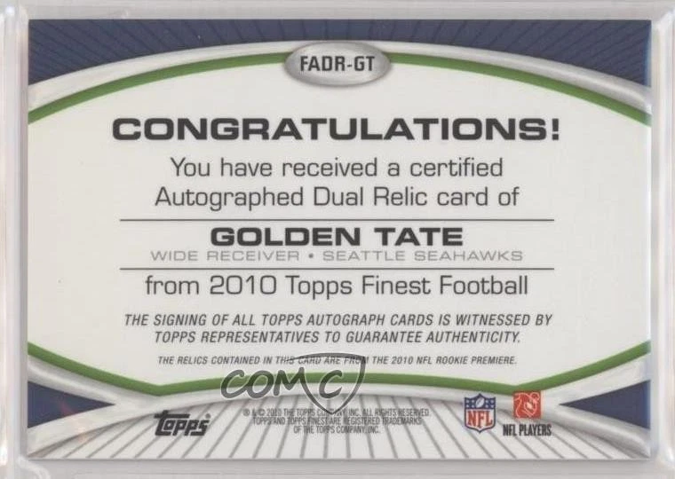 2010 Topps Finest Auto Dual Relic /110 Golden Tate #FADR-GT Rookie Auto RC - Image 2 of 2