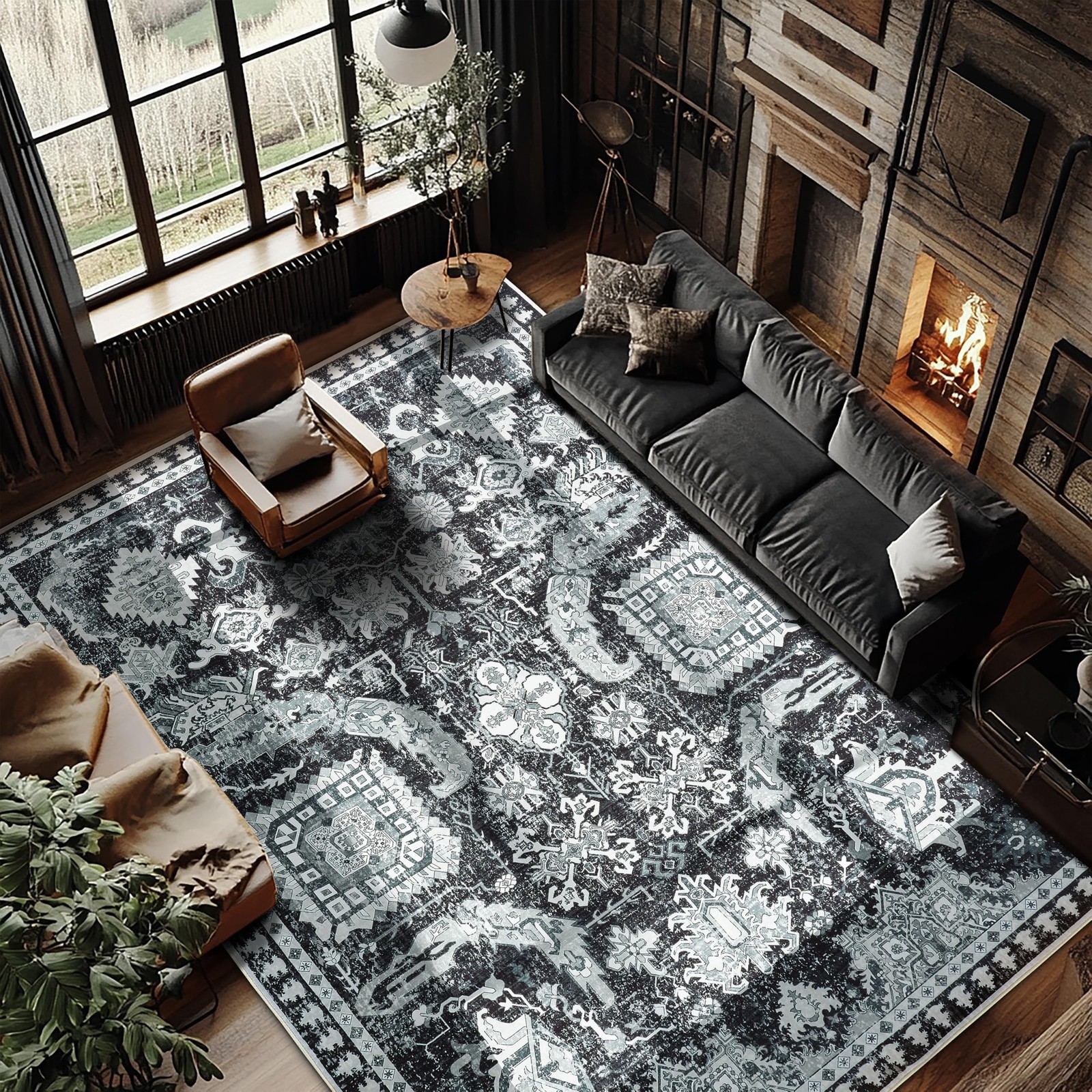 9x12 Washable Non-Slip Boho Rug in Black & White for Living Room