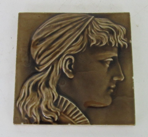 Antique Maw & Co Art Nouveau Side Portrait of Lady Olive Green Majolica Art Tile