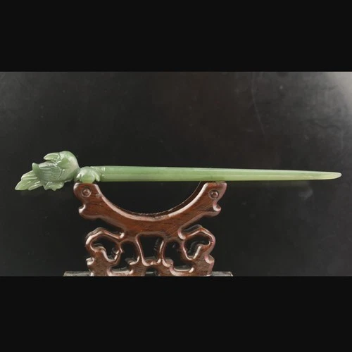 Natural hetian green jade hand-carved phoenix hairpin for lady  #53