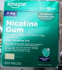 220 PCs Amazon Basic Care Uncoated Nicotine Gum 2 mg Arctic Mint Exp 02/26