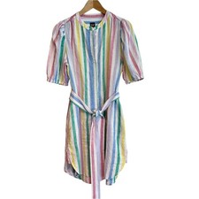 GAP Linen Cotton Blend Rainbow Stripe Shirt Dress Belted Size M