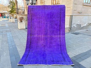 Vintage Turkish Overdyed Purple Rug 5.3x9 ft Distressed Wool Area Carpet