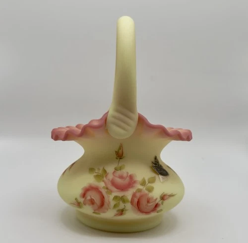 Fenton Burmese Uranium Custard Basket Signed Gloria Finn Hand Painted Roses
