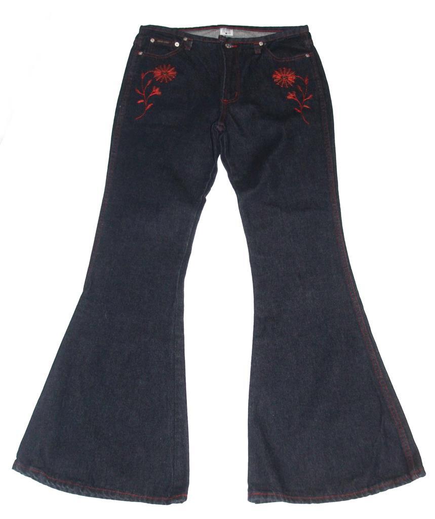 VTG HOT & THE GANG Red Embroidered Flowers Wide Flare