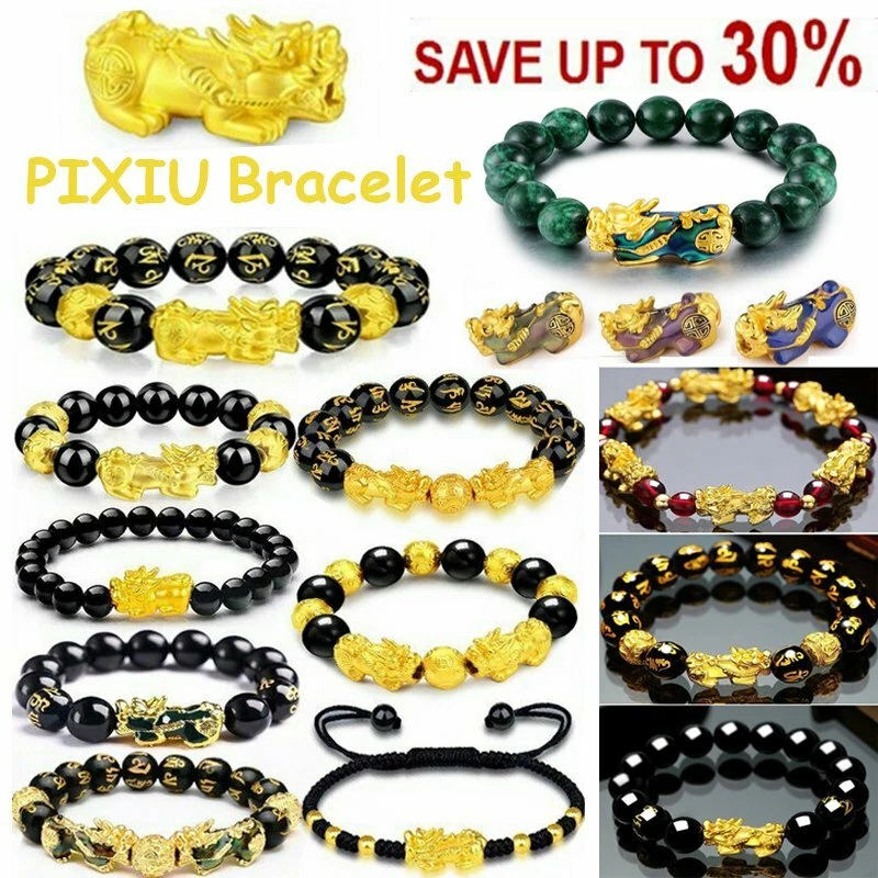 Feng Shui Pixiu Bracelet Black Obsidian Buddhism Beads Attract Wealth Good Luck