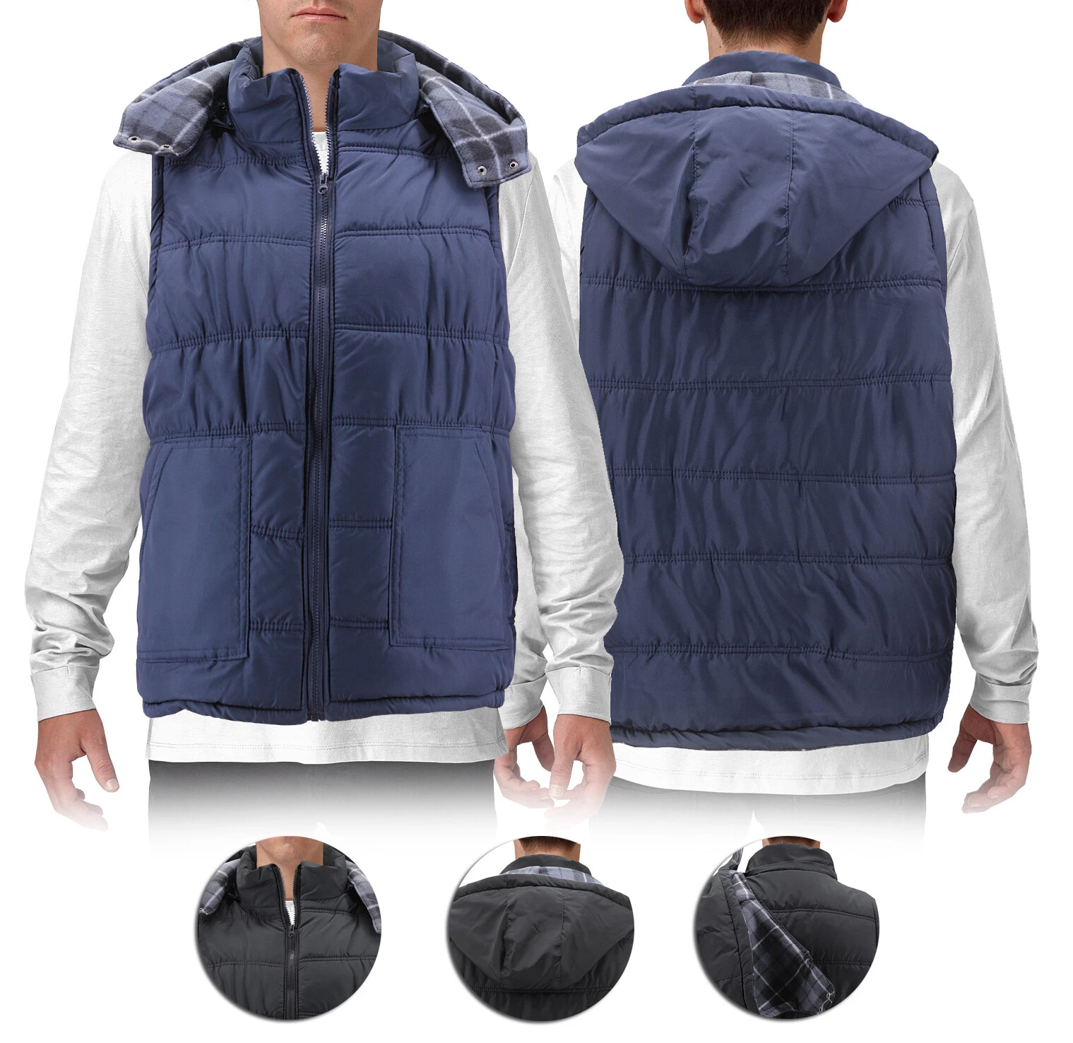 Men's Quilted Puffer Packable Fleece Lined Zipper Vest With Removable Hood