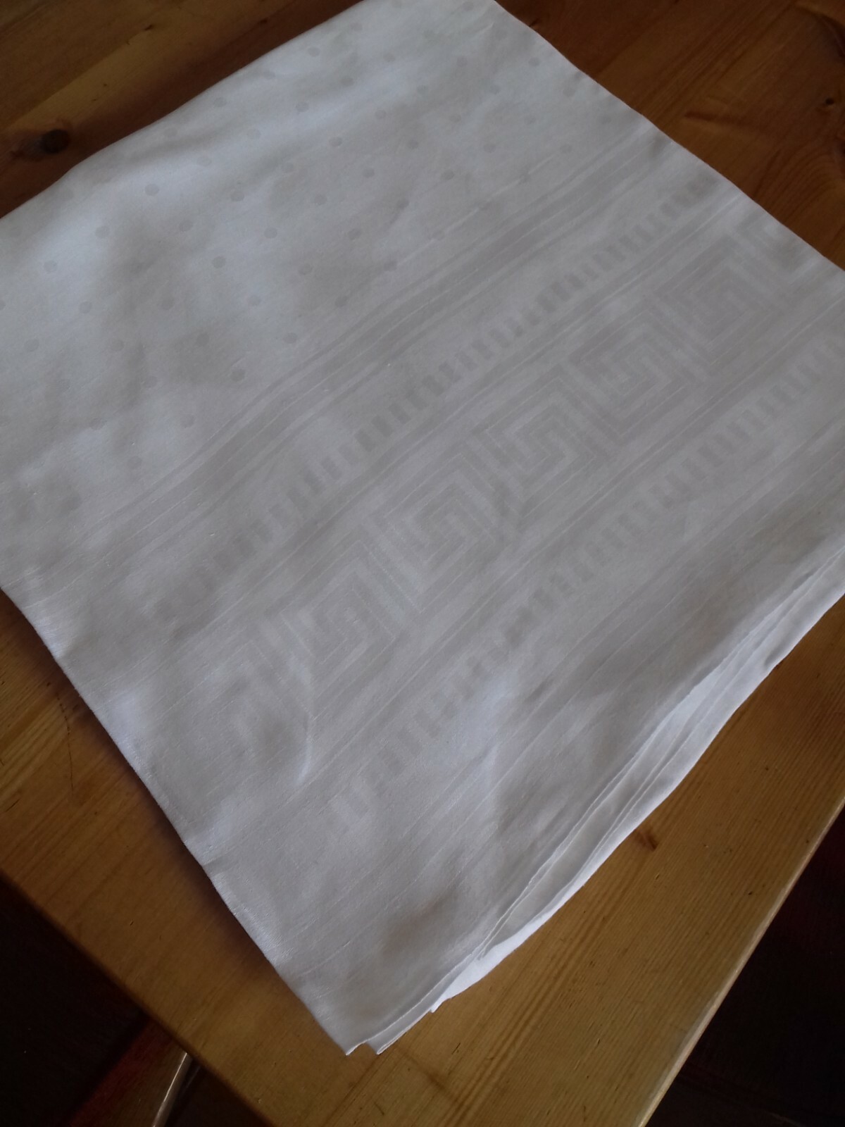 Vintage White Damask Linen Tablecloth with Greek Key Border Pattern 170
