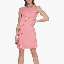 NWT Vince Camuto Mini Dress 14 Beaded Guava Ruffles Asymmetrical Embellished