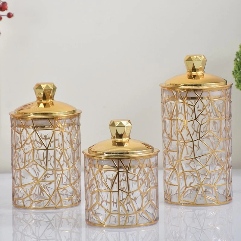 Set of 3 Delicate Gold Accent Plastic Canisters for Candy Nut Tea Organizing