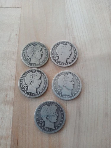 Lot Of 5 90% Silver Barber Quarters Mixed Dates. Uncertified And Circulated!