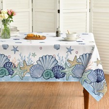 Summer Tablecloth 60 84 Inch Rectangular, Blue Watercolor Sealife Conch Starfish