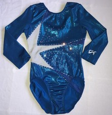 GK ELITE Crystals STAR Foil Gymnastic Competition Leotard Long Sleeve Girls L