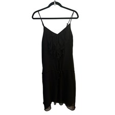 Old Navy Black Chiffon Ruffle Front Mini Dress Drawstring Waist Size Medium 