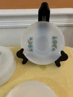 10vintage Fire-King "Bonnie Blue" Bachelor's Button saucer. 1-Red Rose Pattern