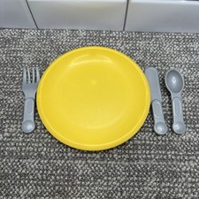 Little Tikes VTG Yellow Plate And 3 Pieces Of Silver Utensils Rare Pieces