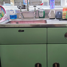 Built-In Green Painted Metal Kitchen Unit with Sink, 3 Drawers, Hinged Doors