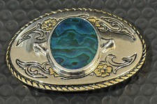 Oval Belt Buckle, Silver Tone Metal, Blue Abalone stone feature
