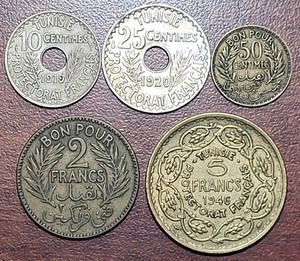 French TUNISIA (5) Pcs 1919 10c, 1920 25c, 1933 50c, 1921 2 Fr, 1946 5 Fr Coins