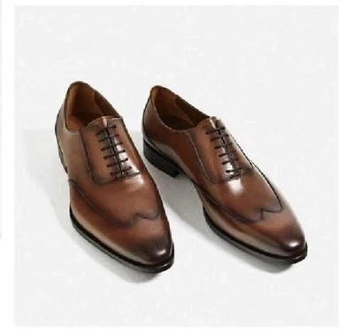 Handmade Wingtip Brown Oxford Lace Up Genuine Leather Dress Office Shoes For Men