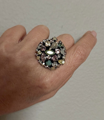 Rare Big KONPLOTT Crystal Rhinestone Statement Cocktail Ring Adjustable EUC