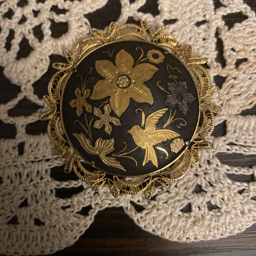 Vintage Damascene Toledo Gold Spain Birds & Flowers  Enamel Pin Brooch