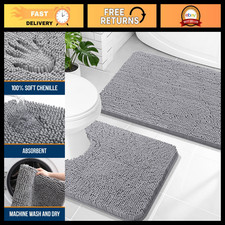 Soft Chenille Bathroom Rug Set 2-Piece, Non-Slip Mats 30"x20"  24"x20", Grey