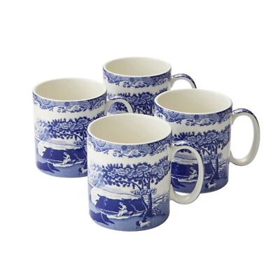 Spode Blue Italian 9 oz Coffee Mugs, Set of 4, Fine Porcelain - Blue White
