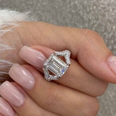 4.02CTW Emerald Cut Moissanite Split Shank Engagement Ring 14k White Gold Plated