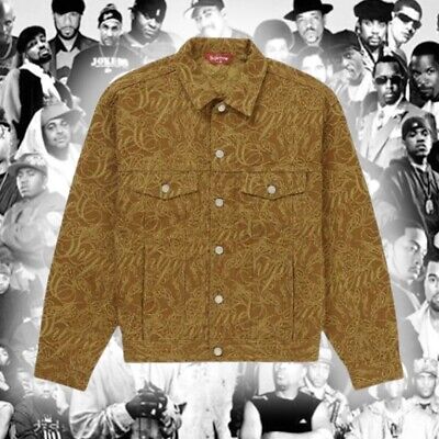 NEW Supreme Script Jacquard Denim Trucker Jacket Brown Sz S FW22 IN HAND 