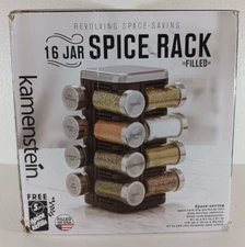 Kamenstein 16 Jar REVOLVING SPICE RACK TOWER Stainless Steel and Black FILLED
