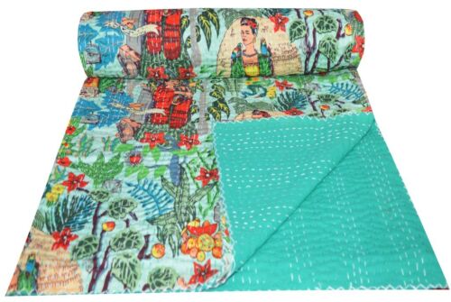 Indian Handmade Frida Kantha Blanket New Frida Kahlo Printed Kantha Bedspread-