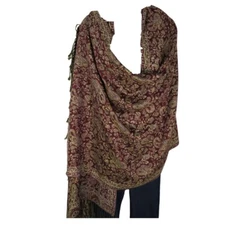 Shawl | Wool + Modal | Paisley Design | Handloomed | Tassels | Dark Red & Sand