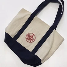 Trader Joes Cloth Tote Grocery Bag Natural w Navy Trim Embroidered Logo 21x16x6