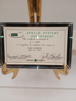 Vintage 1969 Apollo Systems Department Course Certificate General Electric NASA 