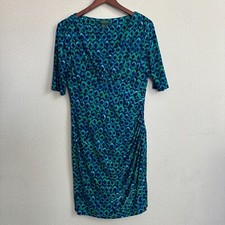 Lauren Ralph Lauren Dress 14 Petite Bodycon Ruched Office Scuba Stretch Blue