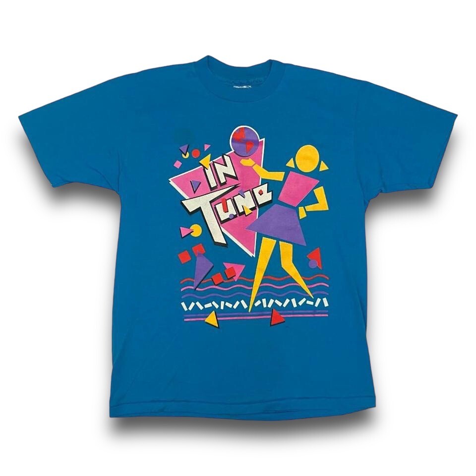 VTG 80s Hanes In Tune Dance Workout Tee Adult L Blue 50/50 Cotton Vintage USA