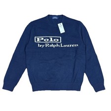 Polo By Ralph Lauren Knit Jumper Mens Medium Navy Crew Spellout Logo Blue Tag