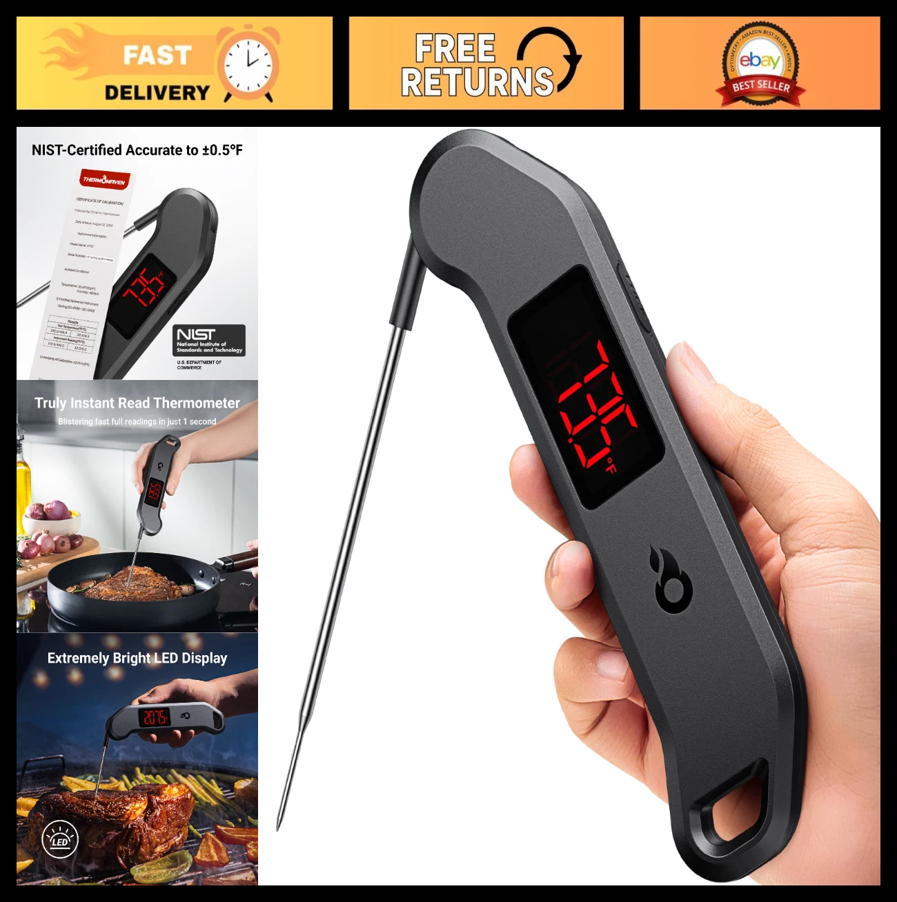 Instant Read Meat Thermometer - 1 Sec, ±0.5℉ Accuracy, Waterproof, LED Screen, B