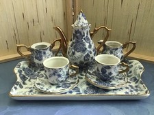 VICTORIA'S TEA ROOM Miniature Porcelain Tea Service Blue White Floral Gold Trim