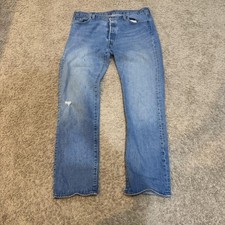 Levis 501 Jeans Mens 36x32 Light Blue Denim Straight Leg Button Fly Distressed