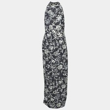 Balenciaga Navy Blue Floral Print Crepe Silk Sleeveless Gown L