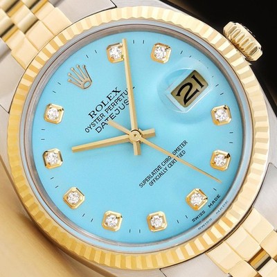 Rolex Herren Datejust 16013 Aqua Blau Diamant Zifferblatt 18K Weiß Gold Stahl