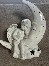 Vintage Angel Baby Cherub Sitting on Cresent Moon