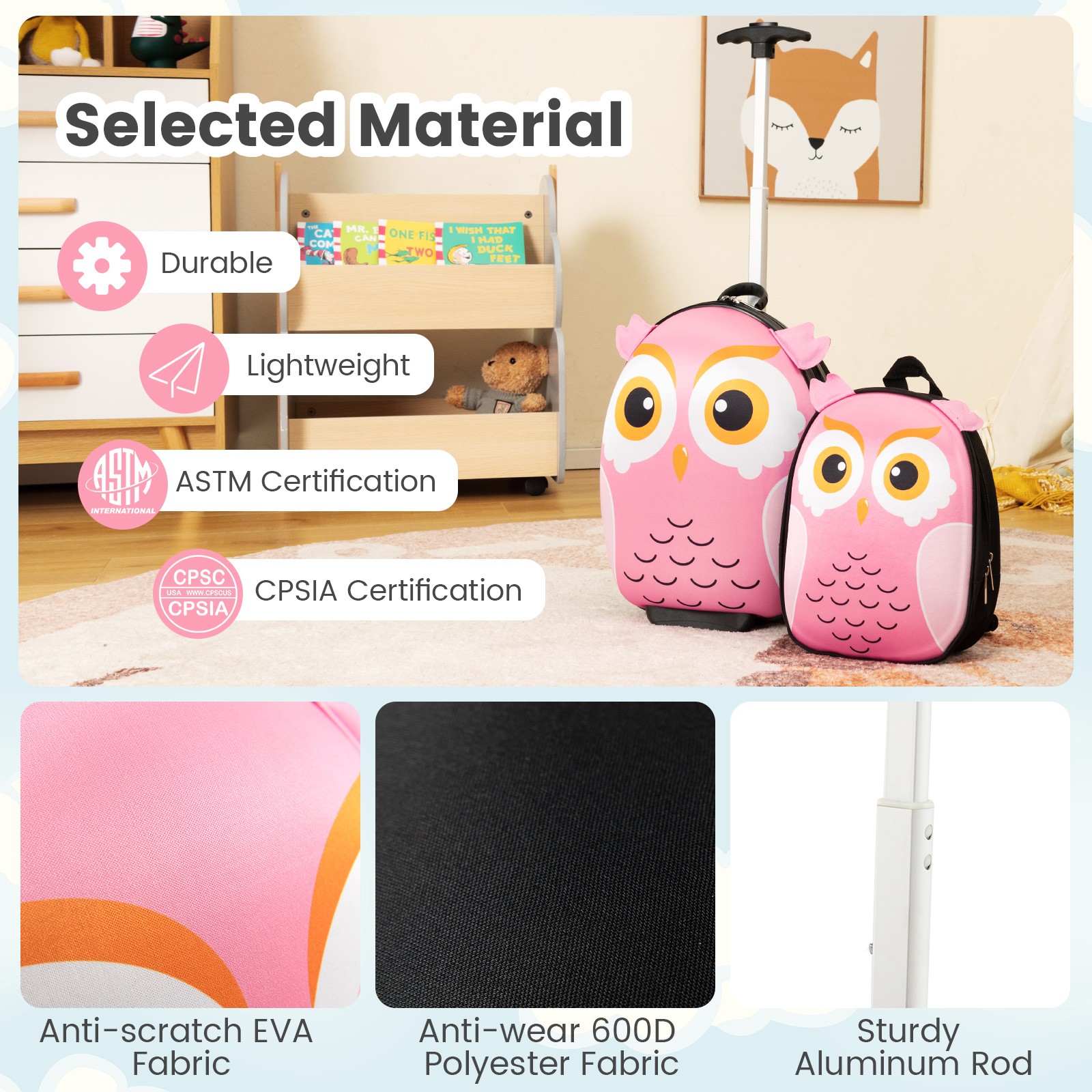 Kids 2PCS Carry On Luggage Set 16" Owl Rolling Suitcase w/ 12" Backpack Travel
