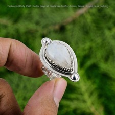 Halloween Sale 925 Silver Pear Rainbow Moonstone Stone Solitaire Bezel Boho Ring
