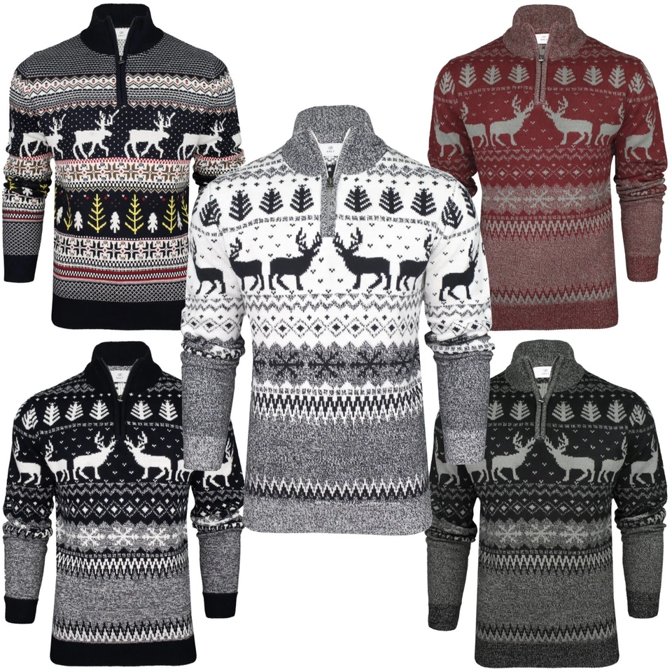 Xact Mens 1/4 Zip Reindeer Christmas Jumper