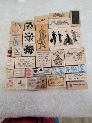 Large lot of NEW and used Red Rubber Stamps for Crafting, cardmaking.