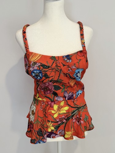Mare Mare X Anthropologie Tank Top Red Floral Braided Straps Smocked Back Peplum