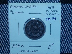 CB54: GERMAN Empire, 1/2 Mark, 1918 A, eagle, 0.900 silver,0.0802 oz